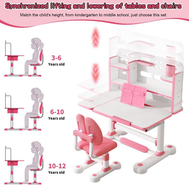 Kids Study Desk and Chair Set, Height Adjustable Children's Study Desk and Chair Set Toddler Learning Table and Stool Set with Bookshelf Storage Drawer 50-Degree Tiltable Desktop Bedroom (Pink #7)
