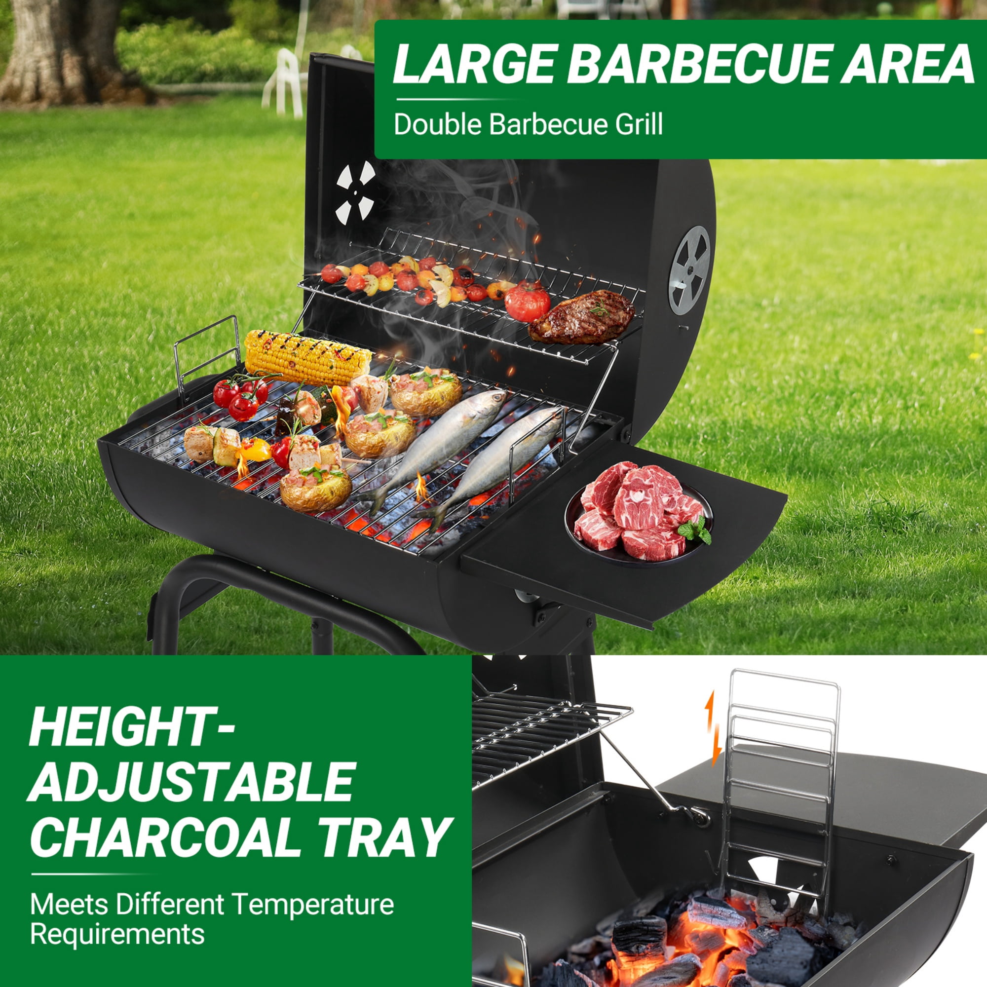 Barrel Charcoal Grill with Side Table & Wheels, 34" Outdoor BBQ Grill for Backyard Camping Picnics Pit Patio and Parties Cooking, Easy Assembly, Black