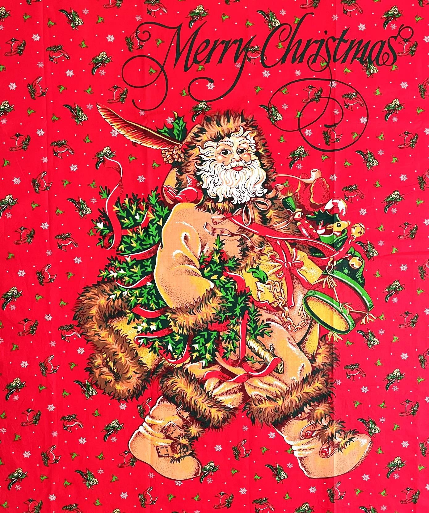 Christmas Santa Wall Hanging or Door Decoration & Standing Santa Doll Cotton Fabric Panel - 35" Tall X 44" Wide
