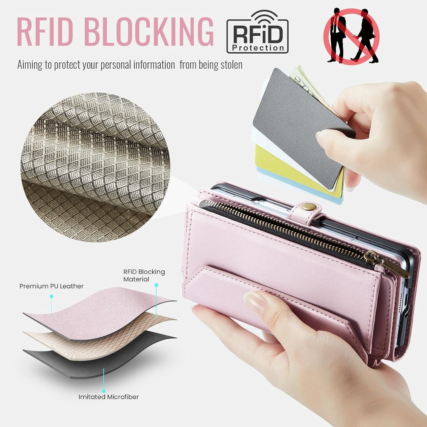 Phone Case for Samsung Galaxy Z Fold 4 5G 2022 Zipper Wallet Cover with S Pen and Flip RFID Blocking Credit Card Holder Stand Cell Accessories ZFold4 Z4 Fold4 4Z ZFold45G Women Girls Rose Gold