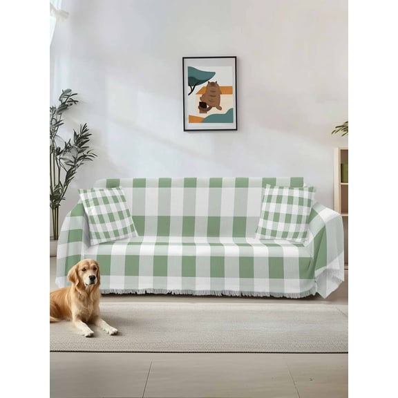 Sage Green Checkered Couch Cover, Green White Buffalo Plaid Sofa Cover Blanket for Loveseat Couches, Sectional Sofa Slipcover Furniture Protector for Living Room Bedroom 71''x118''