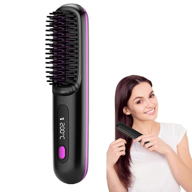 Cepillo alisador de pelo inalámbrico con tecnología iónica, 3 niveles de calor, para todo tipo de cabello, color negro.