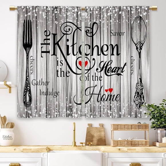 Farmhouse Rustic Grey Kitchen Curtains Vintage Fork Spoon Retro Small Short Cafe Window Curtains Barn Country Wooden Wood Sparkle Bathroom Tier Window Treatment Drapes (27.5x39Inch)