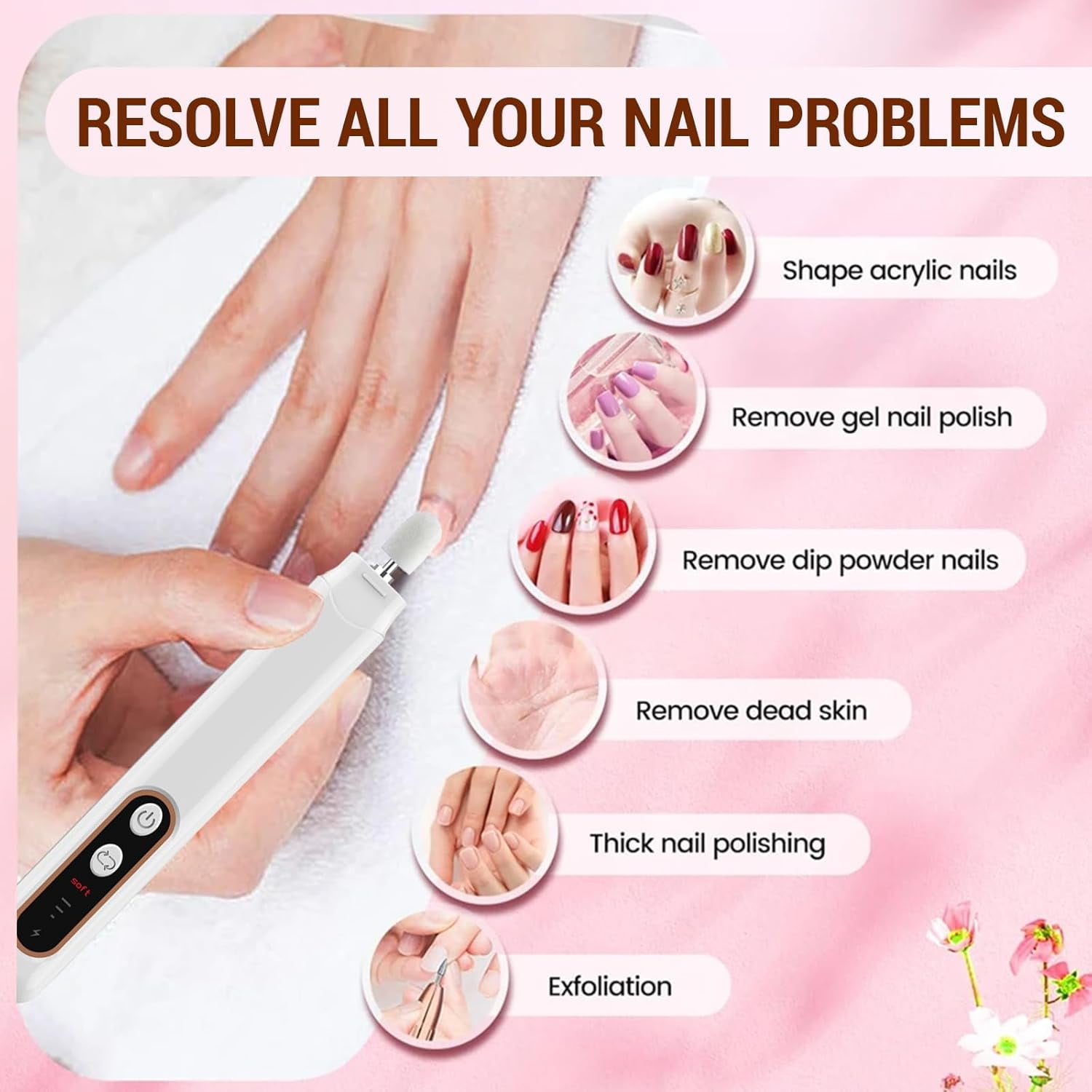 SONGAUN 3 Speeds Electric Nail File for Thick Toenails Set, 15000RPM Nail Grinder with 6 Drill Bits for Thick Toe Nails for Various Nails and Shapes