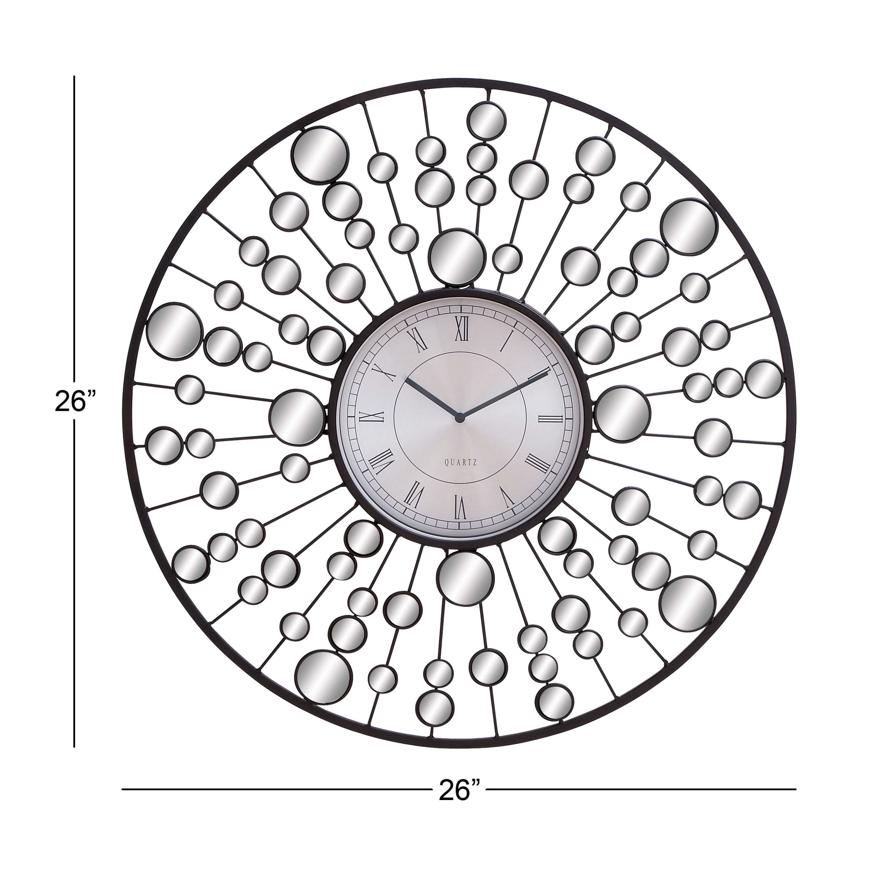 DecMode 26" Black Metal Starburst Radial Wall Clock with Mirrored Accents