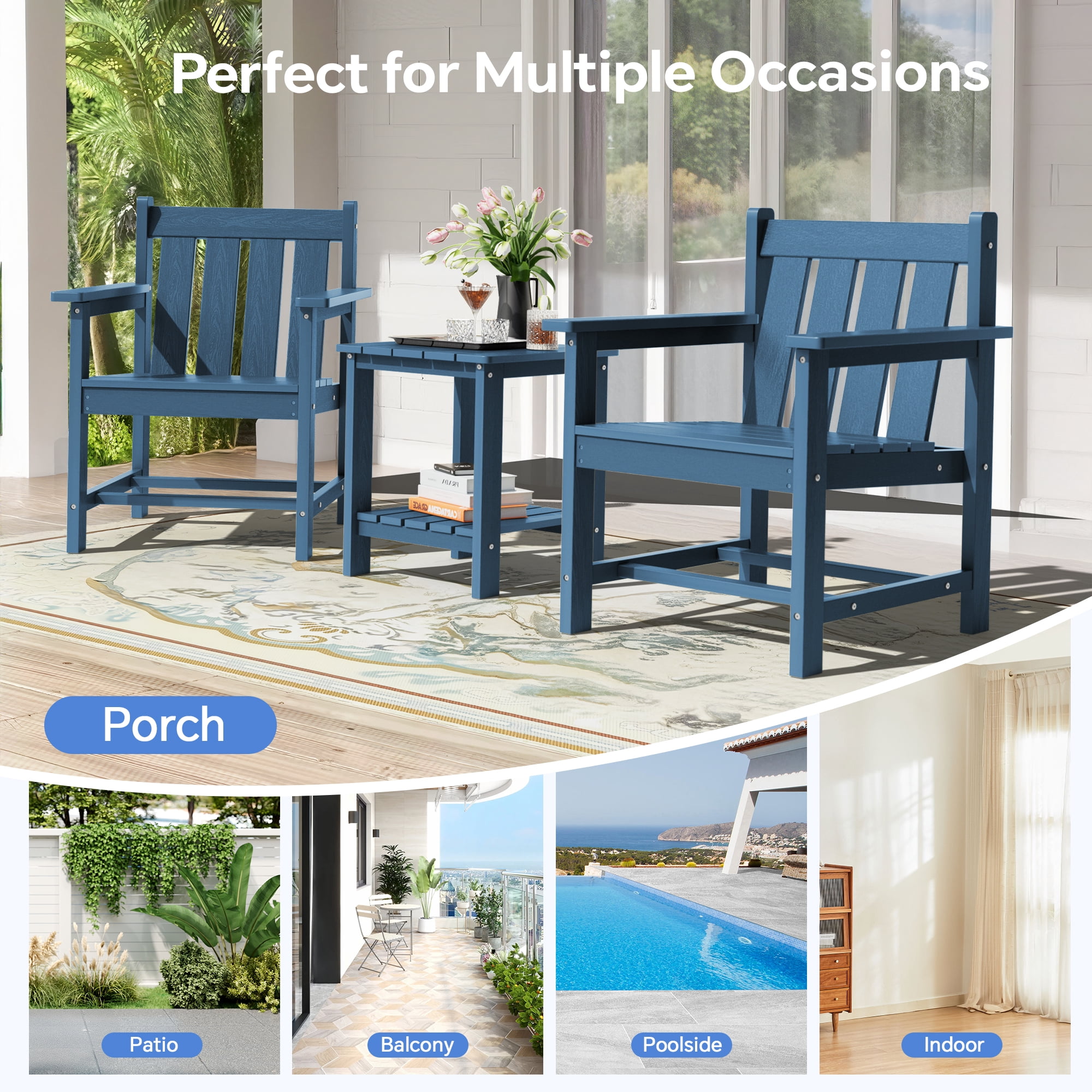 SERWALL 3 Piece Patio Furniture Set,HDPE Outdoor Bistro Set with Coffee Table and Chair for the Patio,Navy