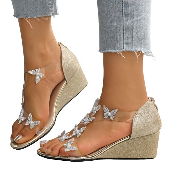 Butterfly Rhinestones Dress Sandals for Women 2025 Bling Gold Clear Wedge High Heels Bride Wedding Shoes