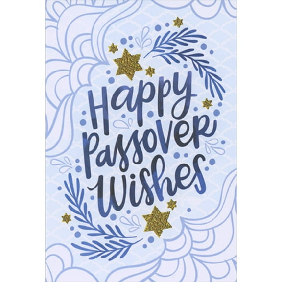 Designer Greetings Happy Passover Wishes: Gold Foil Stars and Blue Vines Package of 8 Passover Cards