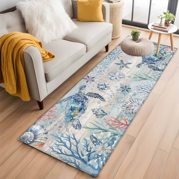 Runner Rug 2 x 6 Ft, Ocean Turtle Washable Non-Slip Floor Mat for Kitchen Hallway/Entryway, Coral Vintage Blue Shell Coastal Conch Long Kitchen Runner Area Rugs for Living Room, Low-Profile