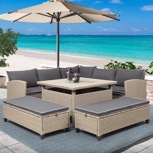6Piece Patio Furniture Set Outdoor Wicker Rattan Sectional Sofa with