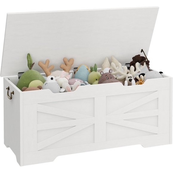 39.4" Toy Chest, Large Storage Chest with Safety Hinge, Kids Wooden Toy Box with Lid, Supports 350 lbs, Storage Bench Trunk for Entryway, Living Room, Bedroom, White
