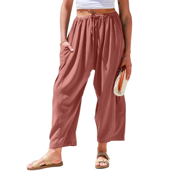 Pantalón TARSE de lino, pierna ancha, casual, con cordón y bolsillos - M