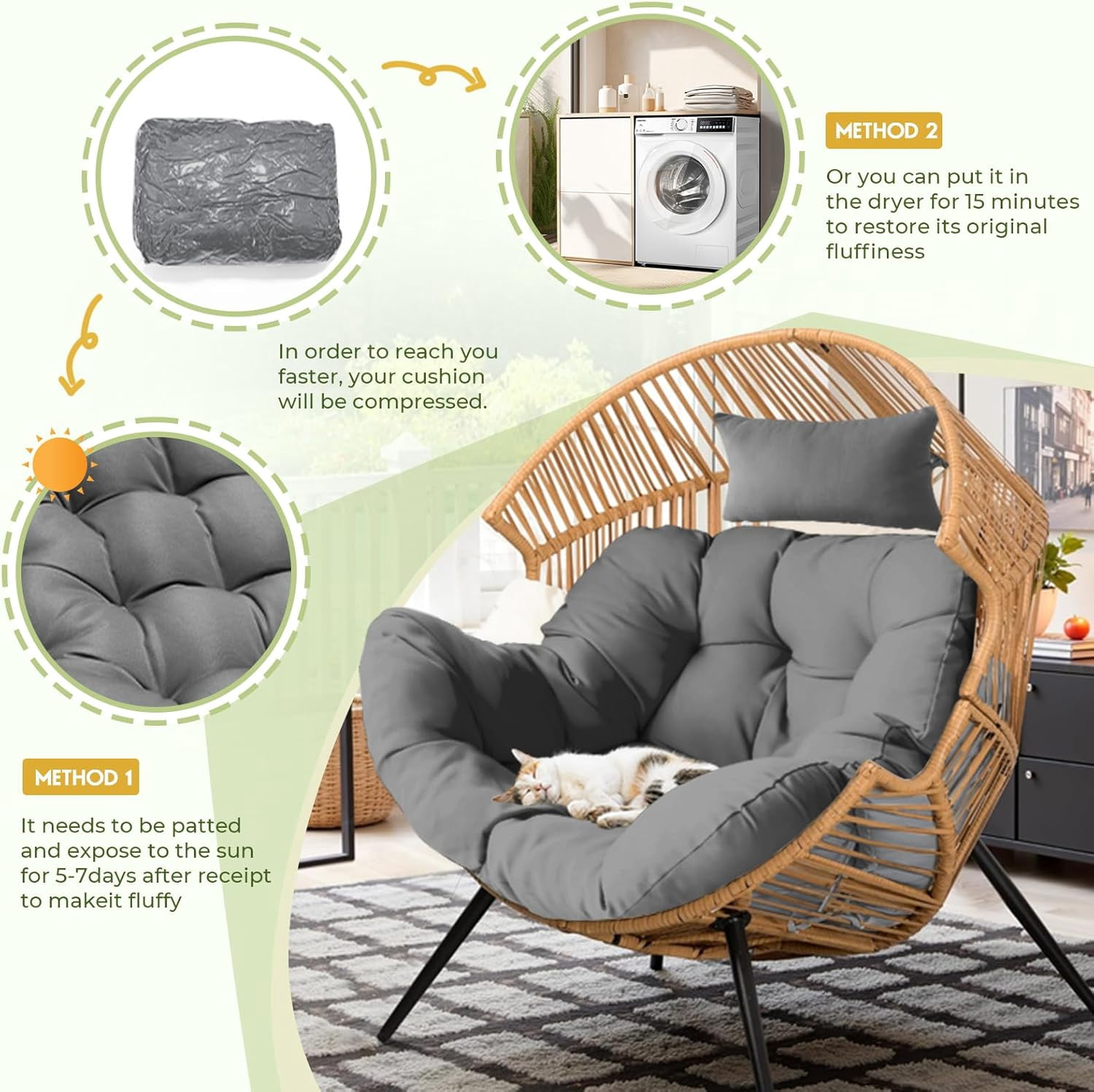 Outdoor Egg Chair Cushion, Waterproof Hanging Chair Cushion with Headrest Pillow, Egg Chair Replacement Cushion for Patio Furniture, U-Shaped Eggs Swing Cushion for Basket Chairs, Gray