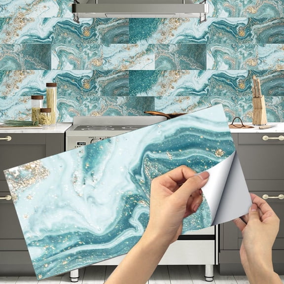 6Pcs Self Adhesive Marbling Tiles Wall Stickers Decals Green Gold 11.8" x 5.9" Vinyl Peel and Stick Backsplash for Kitchen Bathroom Decor