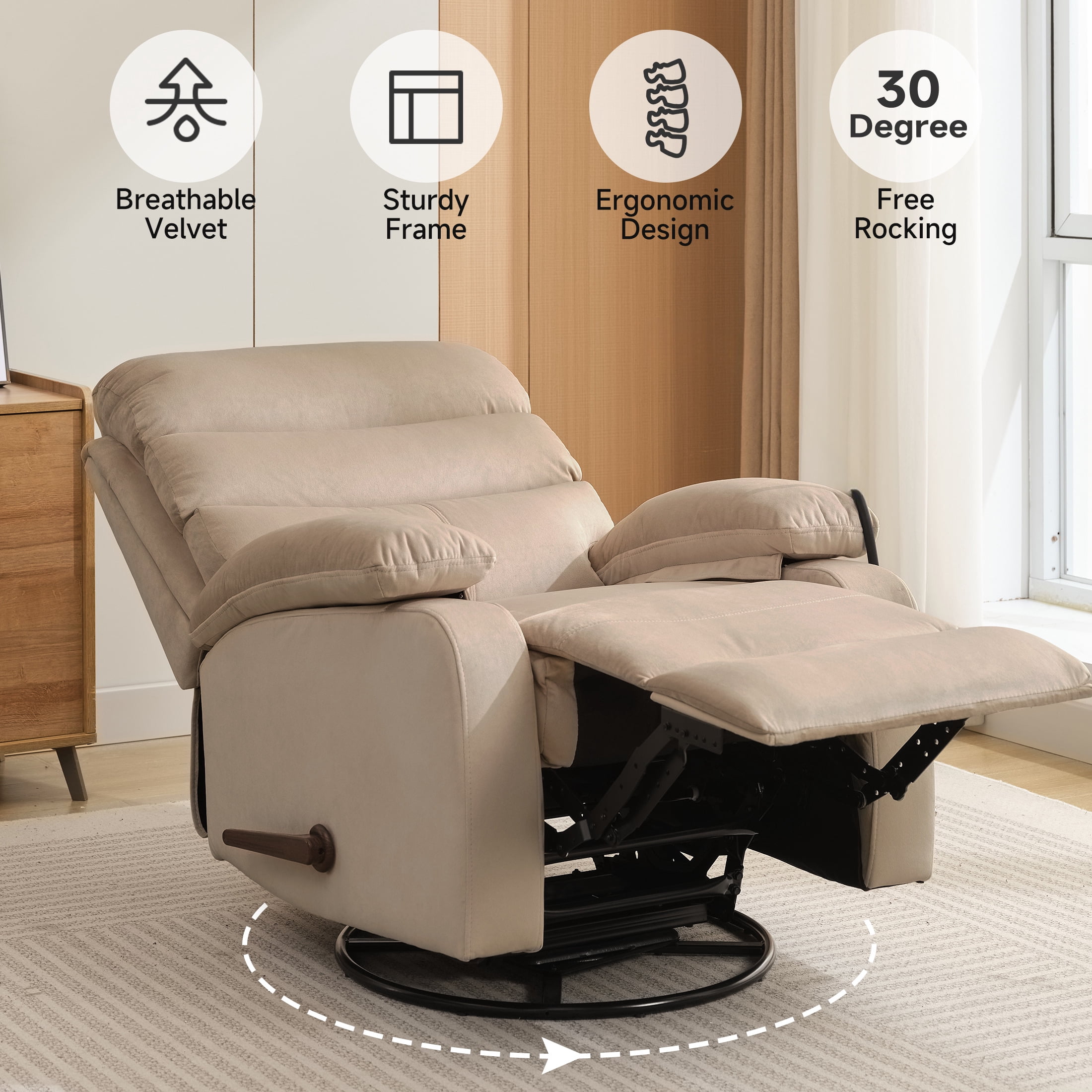 Swivel Rocker Recliner Chair Small Ergonomic Rocker Recliner Chair for Living Room, RV, Nursery, Bedroom, Beige