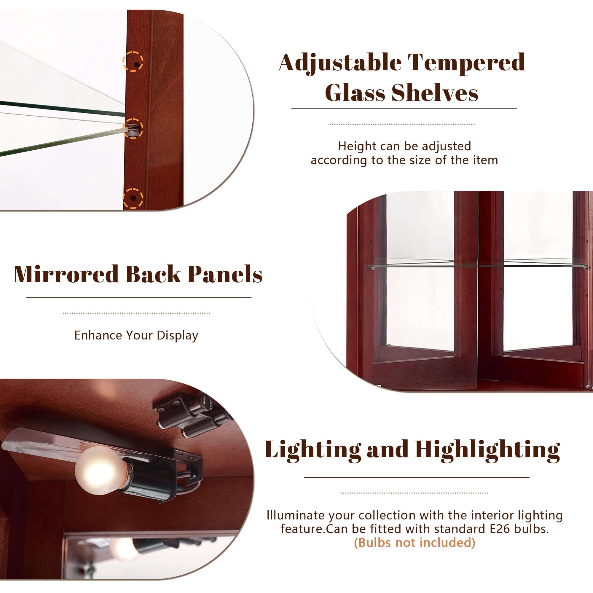 Miniyam 6 Tier Triangular Corner Curio Dispaly Cabinet with Lights,Adjustable Tempered Glass Shelves,E26 light bulb not included,Cherry