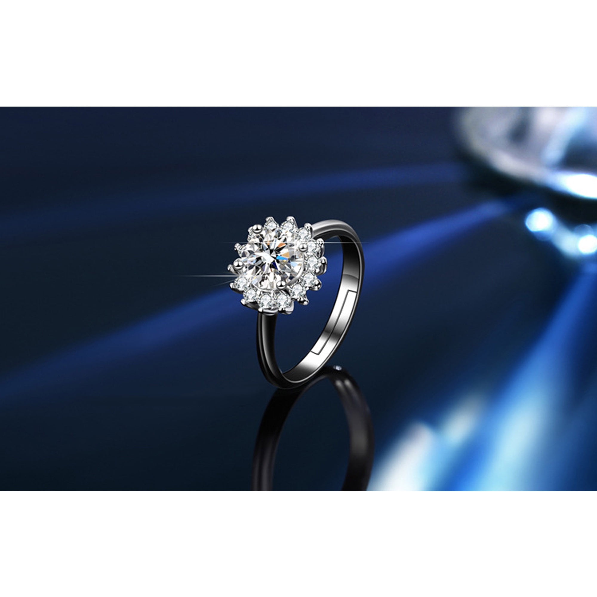1 carat 6.5mm Moissanite Ring Shinning Flower Shape Engagement Rings White Gold Plated Silver Wedding Jewelry for Women with Adjustable Open