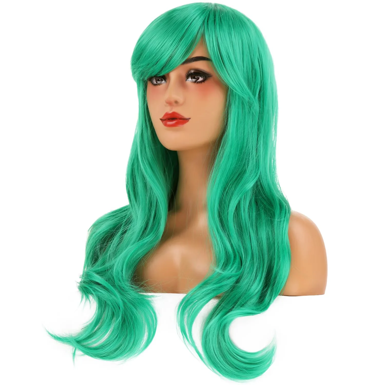 RightOn 26 Inches Dark Green Wig With Bangs Long Wavy Wig for Women Daily Use