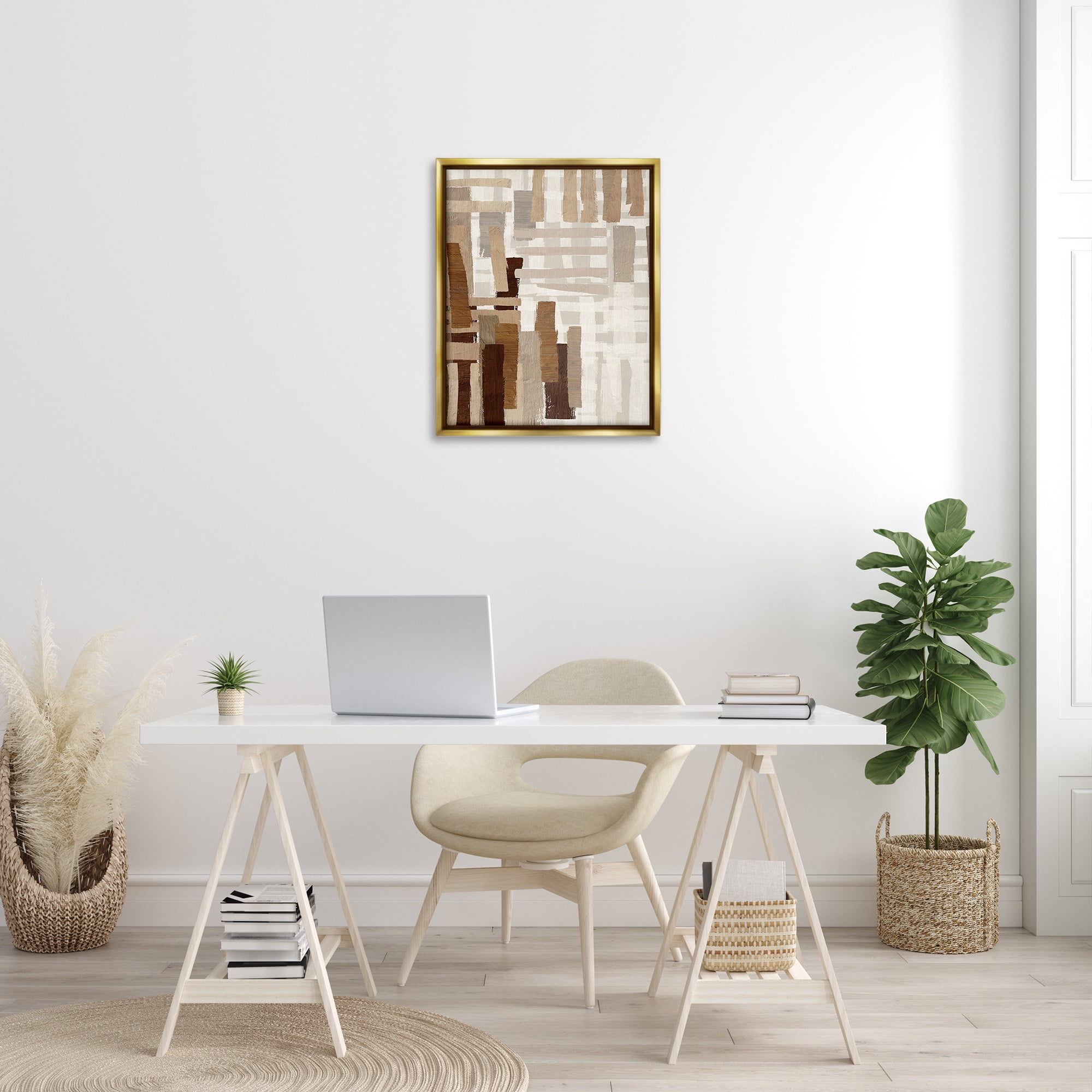 Stupell Industries Brown Crosshatched Pattern Abstract Painting Gold Floater Framed Canvas Art Print Wall Art, 25 x 31