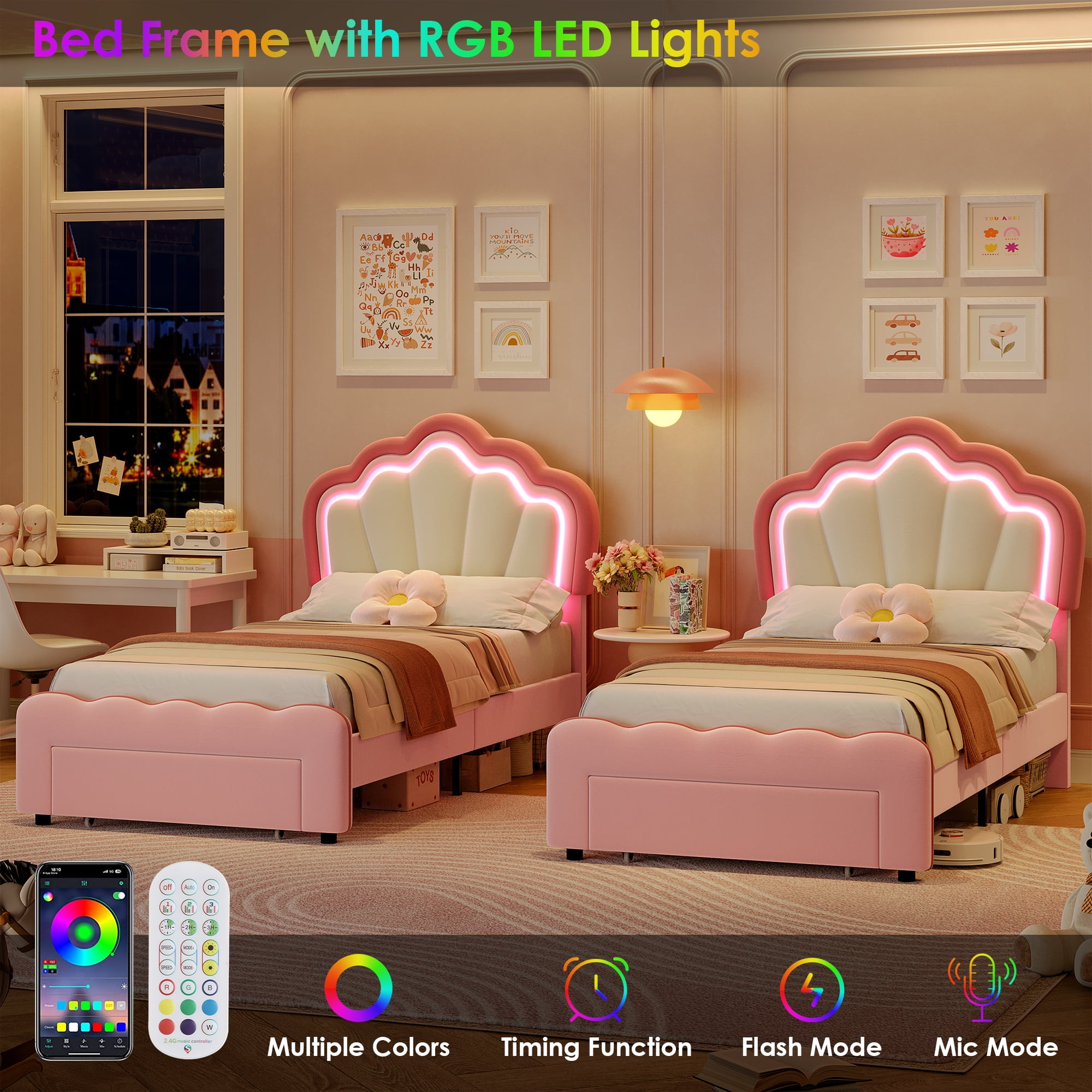 Homfa Twin Size LED Bed Frame with Drawer, Velvet Upholstered Platform Bed Frame with Adjustable Petal Headboard, Pink