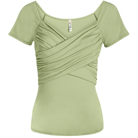 - Womens Deep V Neck Front Wrap Top Short Sleeve Slim Fit Shirt - Made in USA