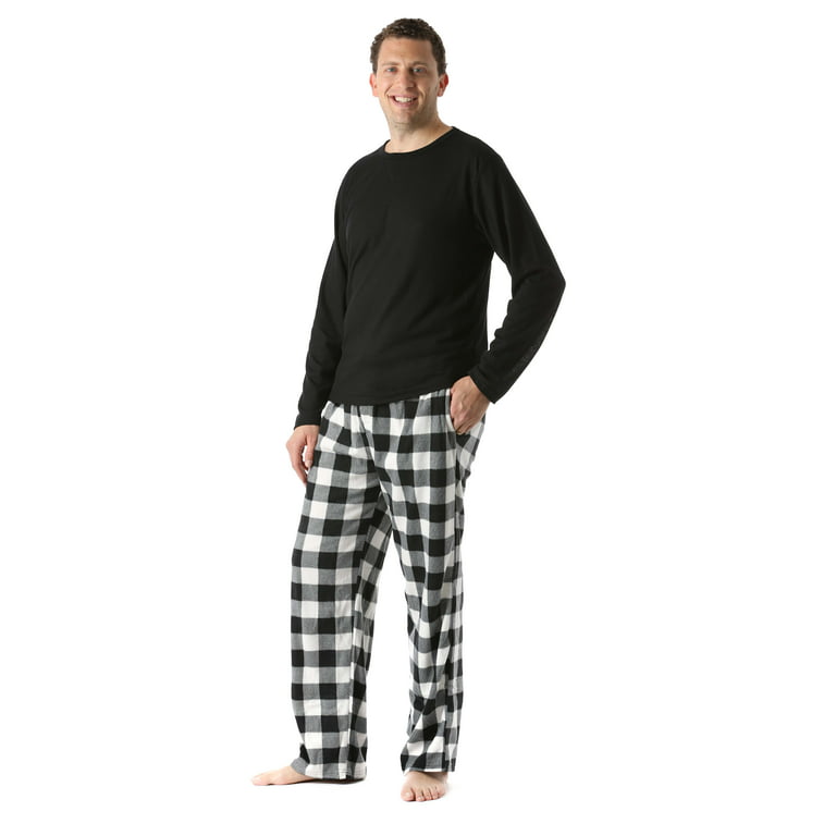 FollowMe Polar Fleece Pajama Pants Set for Men / Sleepwear / PJs (Black Top  / White Buffalo Plaid Pant, Medium) 
