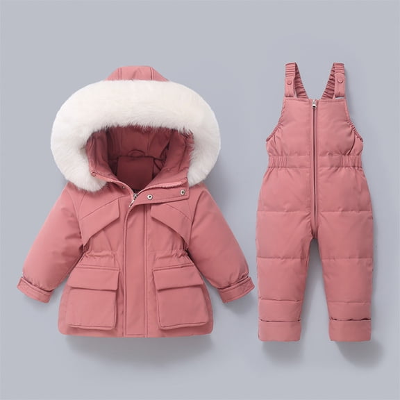 SGFCWSX Kids Snowsuits for Boys Ski Jacket with Furry Hood and Bib Pants for Girls Insulated Waterproof Snow Set Pink Size 1-2Years