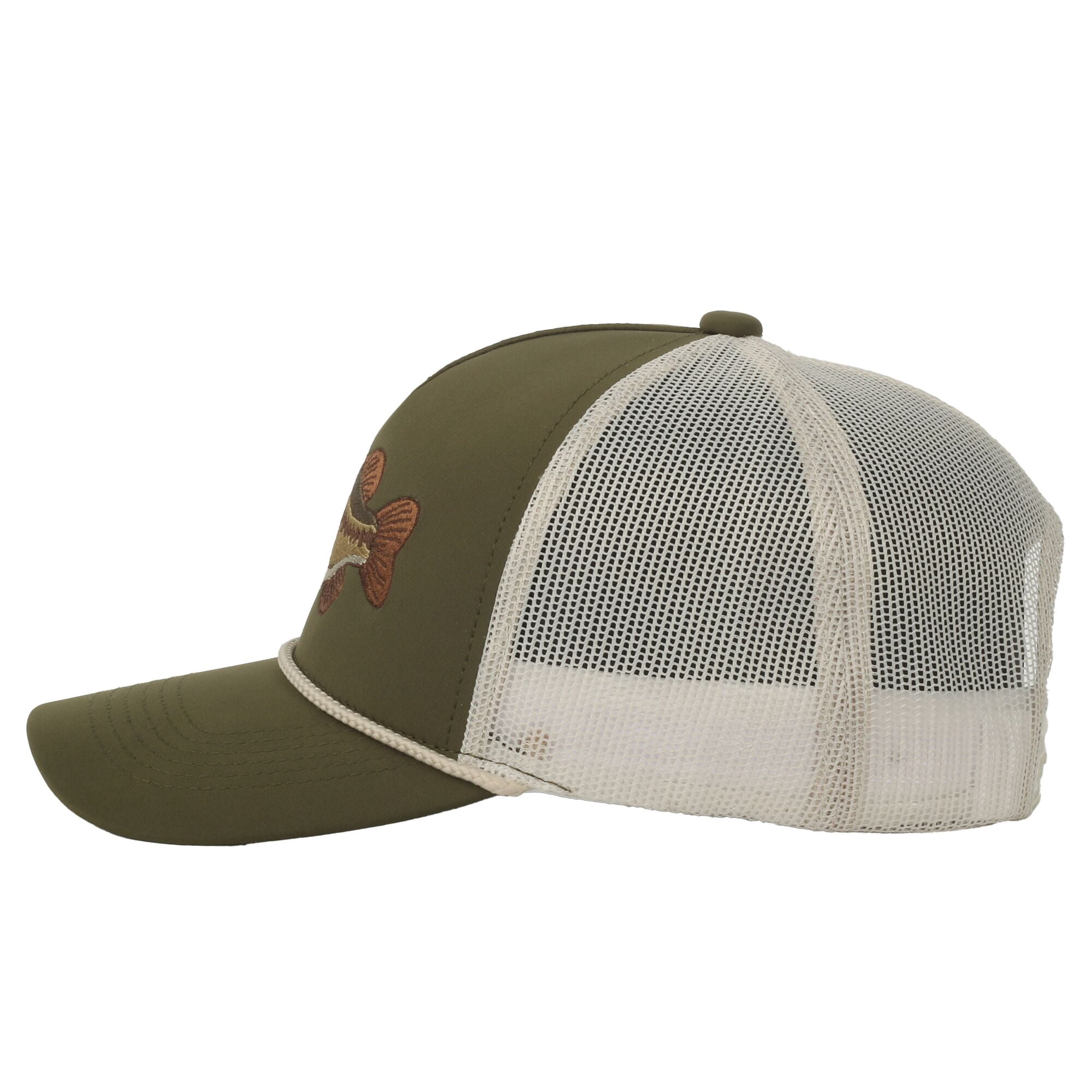 Olive/Putty Bass 5-Panel Fishing Cap – Structured, Embroidered, Snapback, One Size