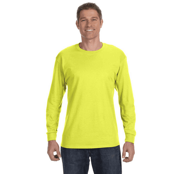 Gildan Hi Vis Long Sleeve Heavy Cotton T-Shirt for Men, Crew Neck Workwear Tee, Safety Green, S