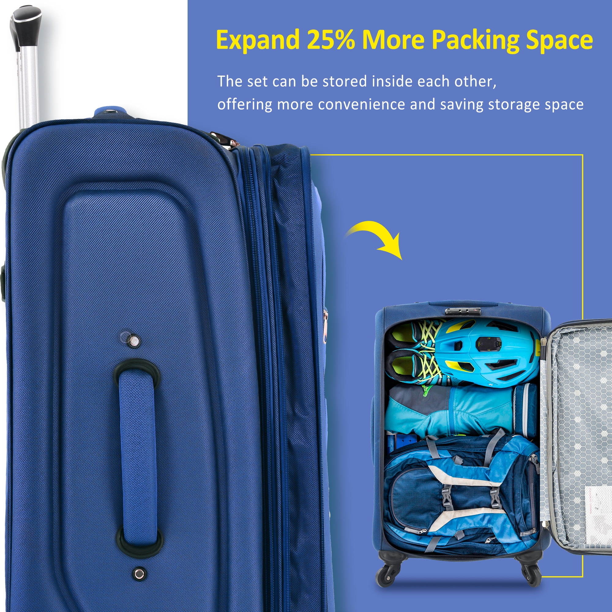 Softside Suitcase, Softside Luggage Expandable 3 Piece Set Suitcase Upright Spinner Softshell Lightweight Luggage Travel Set-22/26/30 inches, Blue Softside Luggage,Polyester Softside Checked Luggage