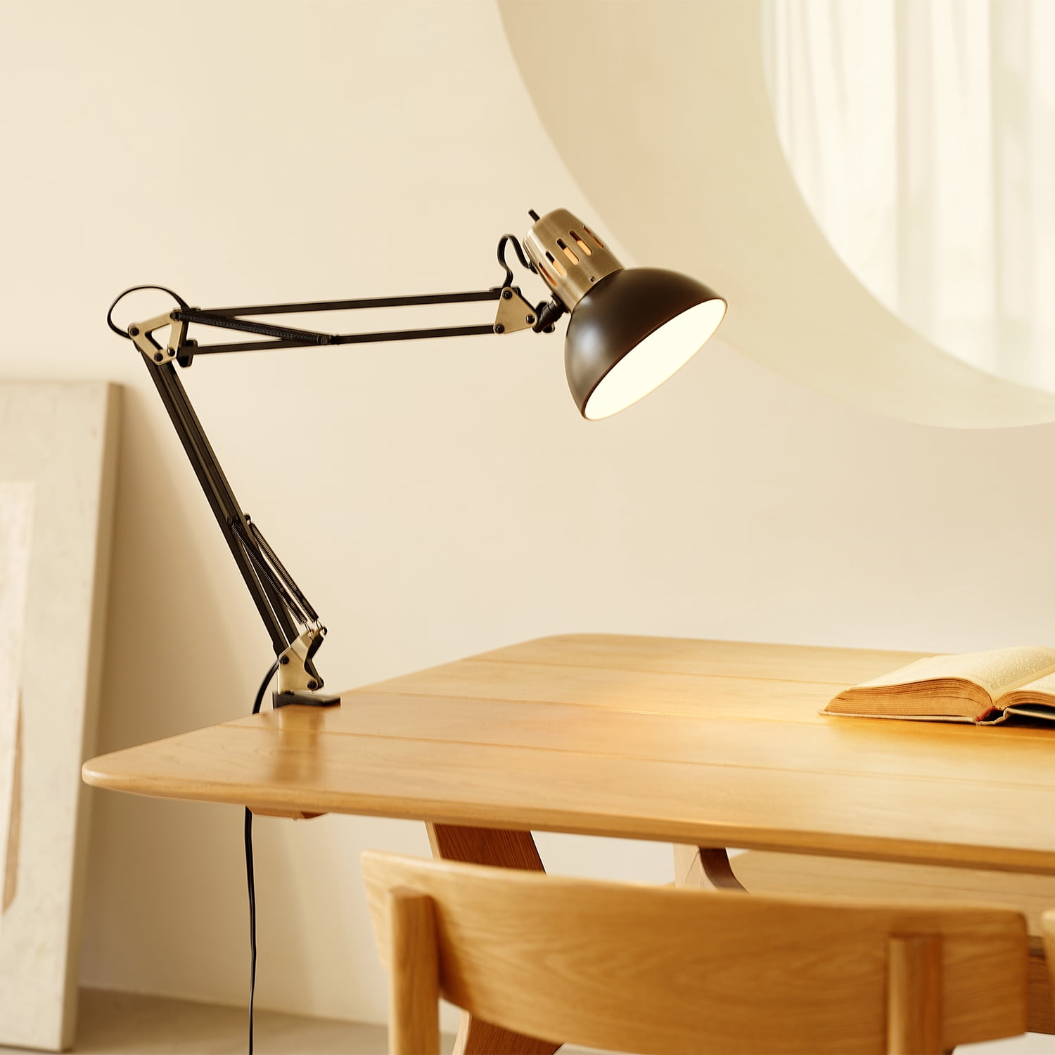 32" Matte Black Multi-Joint Desk Lamp with Metal Clamp Base and Antique Brass Accents