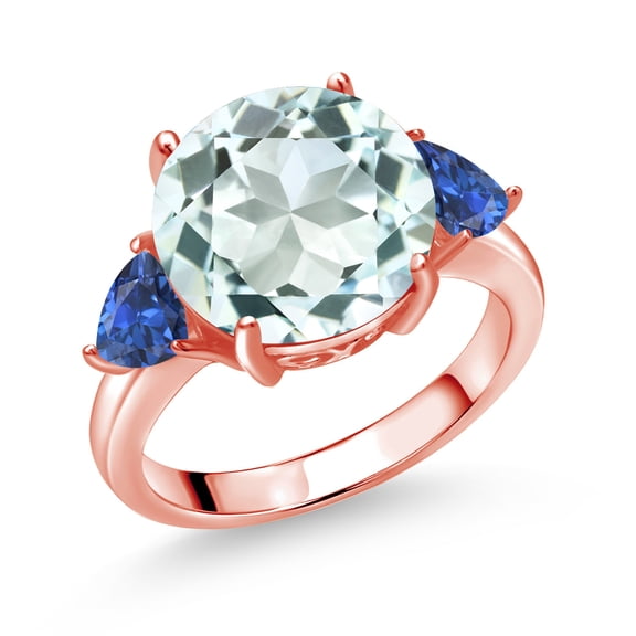 Gem Stone King 18K Rose Gold Plated Silver Sky Blue Simulated Aquamarine and Blue Created Sapphire 3-Stone Ring for Women (7.78 Cttw, Round 12MM, Trillion 5MM, Size 5)