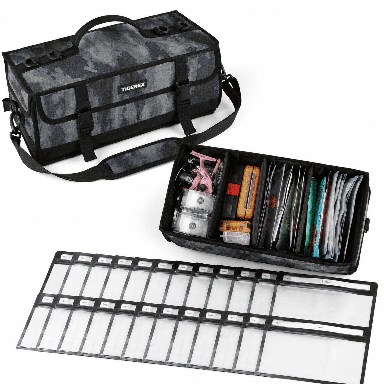 Black Soft Plastic Bait Tackle Bag with 20 Pouches for Fishing Gear Organization