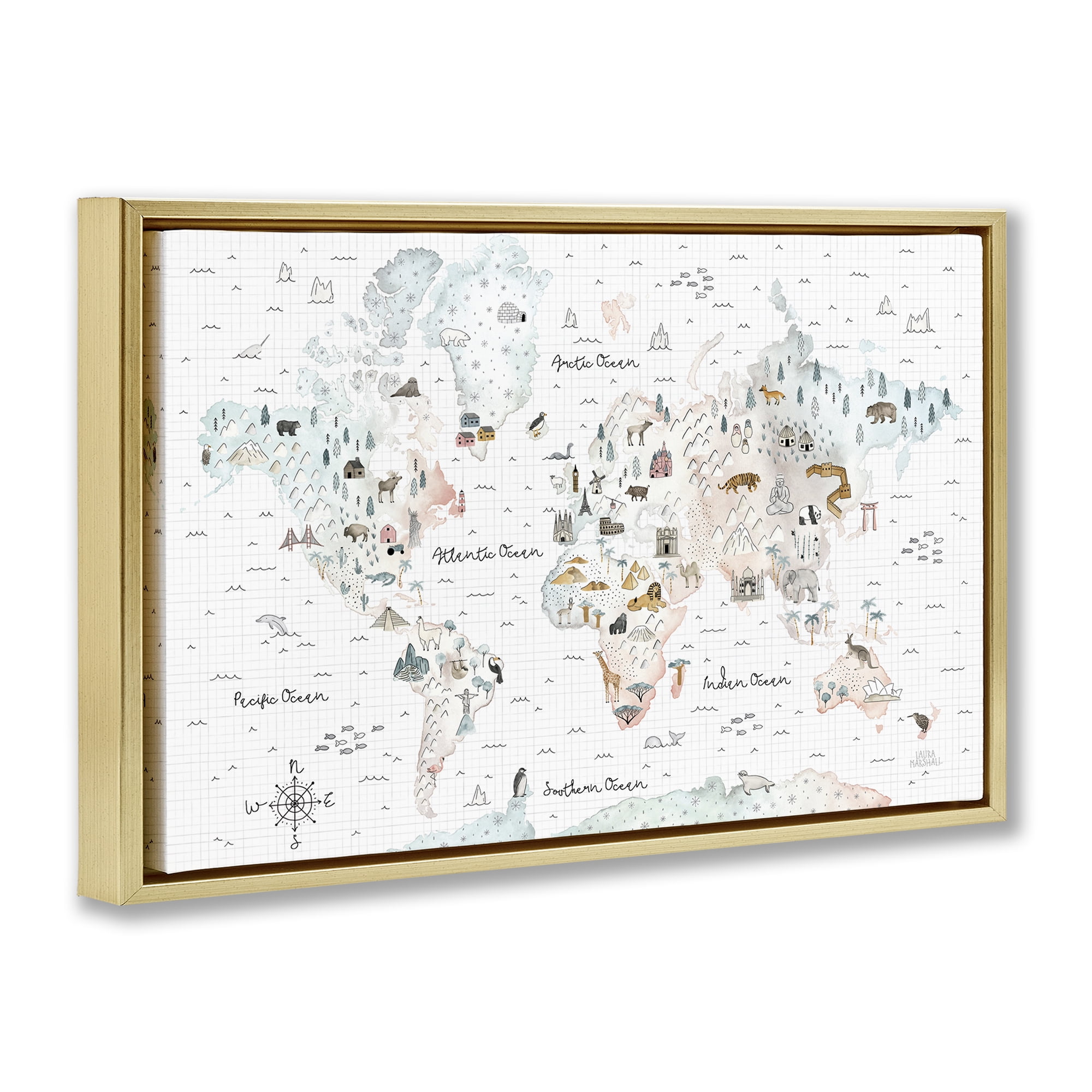 Stupell Industries Whimsical World Traveler Map Animals Painting Gold Floater Framed Canvas Art Print Wall Art, 31 x 21