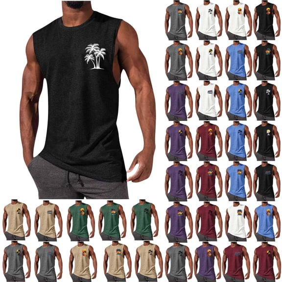 Juesizh Tank Tops Men Round Neck Sports Tank Tops Casual Loose Summer Print Sleeveless Muscle Shirts, S-2XL