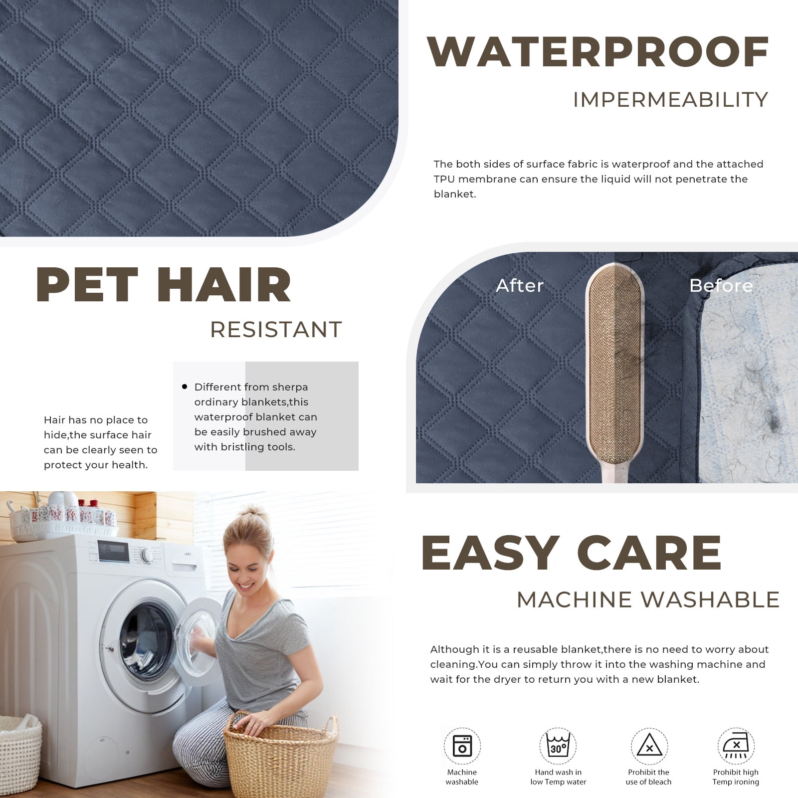 Sanmadrola 100% Double-Sided Waterproof Dog Bed Cover Pet Blanket Sofa Couch Furniture Protector for Kids Children Dog Cat, 52''x82'' Blue Gray