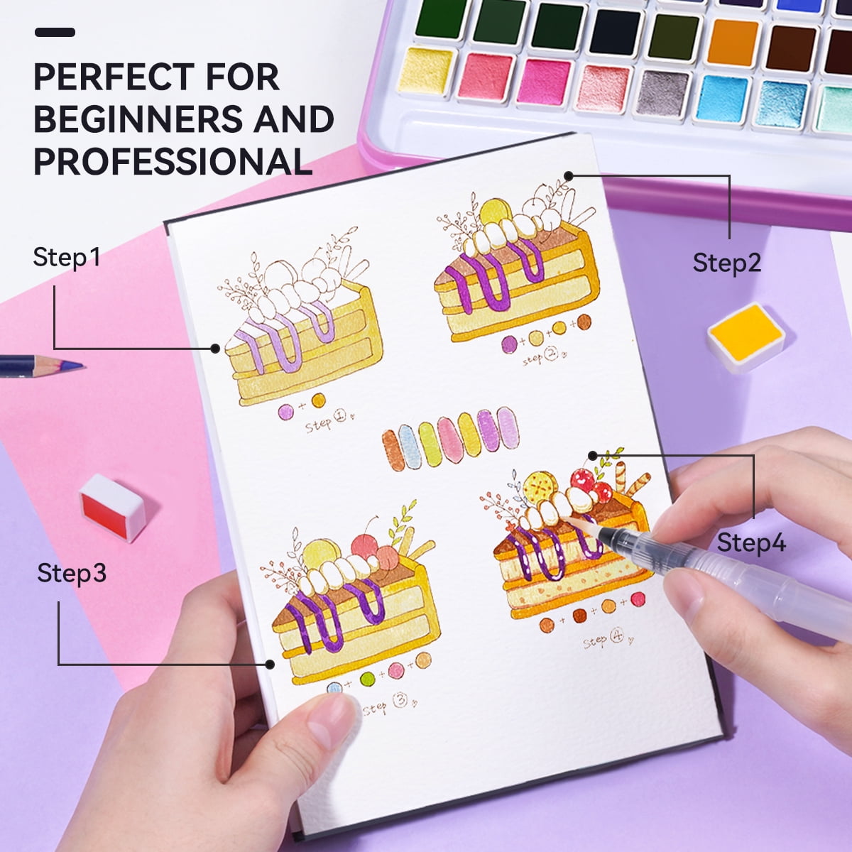 MeiLiang Watercolor Paint Set, 48 Vivid Colors Includes12 Metallic Glitter Solid Colors in Pocket Box with Metal Ring and Watercolor Brush, Perfect as Art Gift, Suitable for Beginners, Professionals