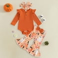 thumbnail image 2 of masbird Newborn Baby Girl Clothes 3pcs Fall Winter Outfits Rib Frill Long Sleeve Romper Daisy Flared Pants Headband Set,Orange,6-12 M, 2 of 5
