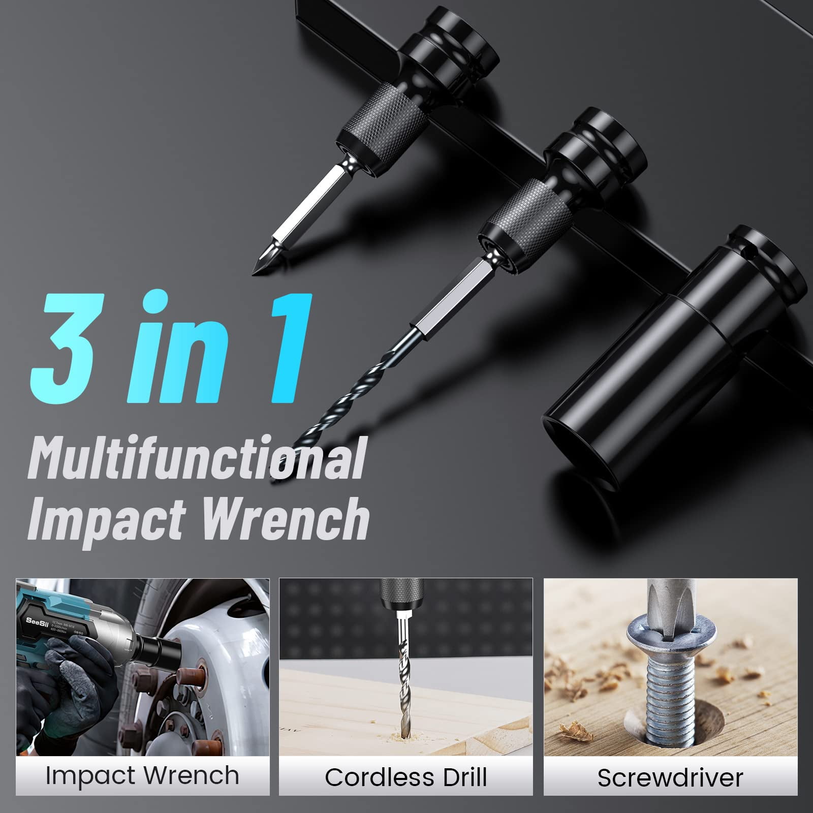 Seesii 650Nm Cordless Impact Wrench 1/2 inch, 480Ft-lbs Impact Gun Screwdriver, 3300RPM Powered Impact Driver w/ 2x 4.0Ah Batteries, 6 Sockets, 8 Drills & 6 Screws for Automotive Repair, WH700