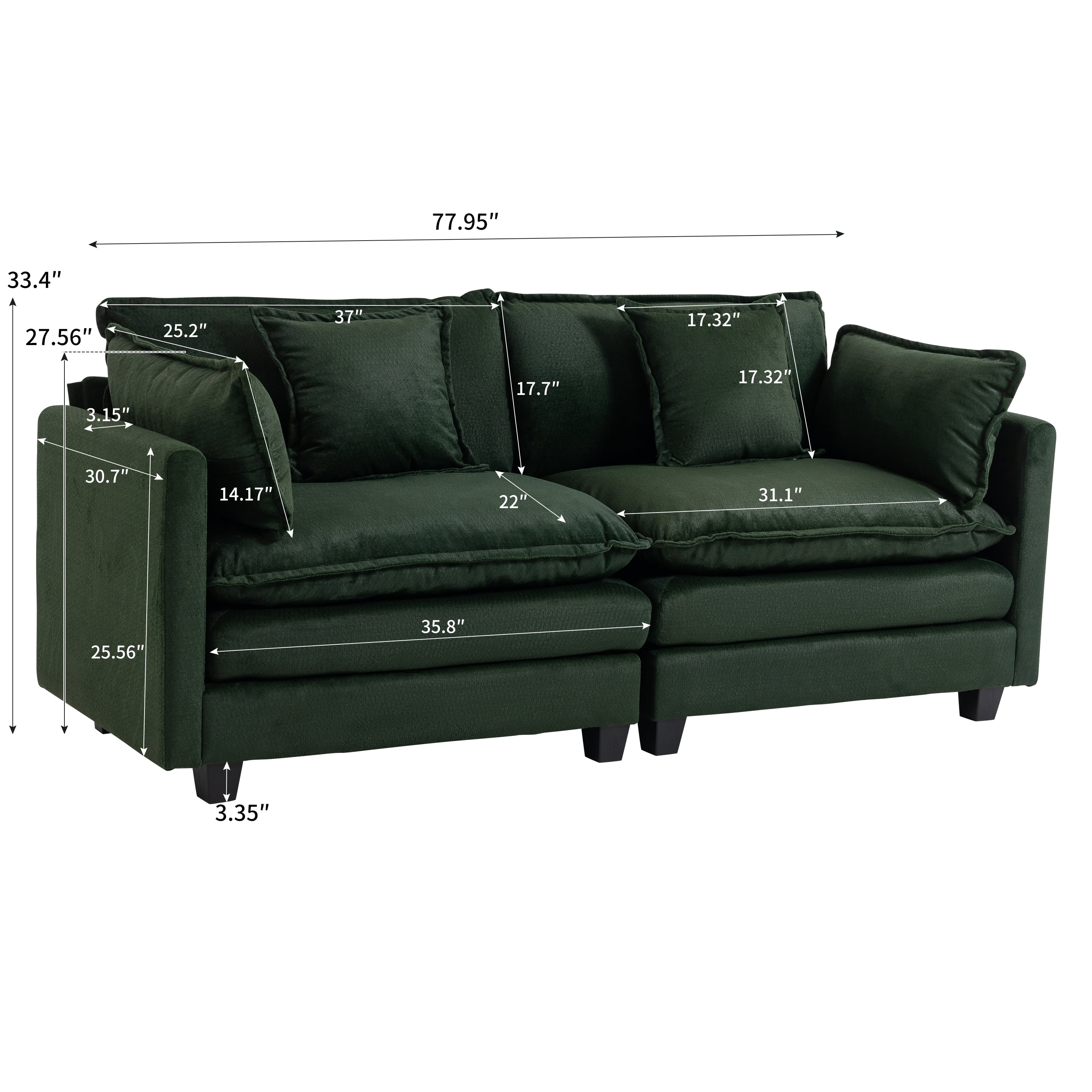 Modular Sectional Sofa with Waist Pillows, 2-Seat Upholstered Couch with Chaise Lounge for Living Room, Apartment, Small Space, Antique Green