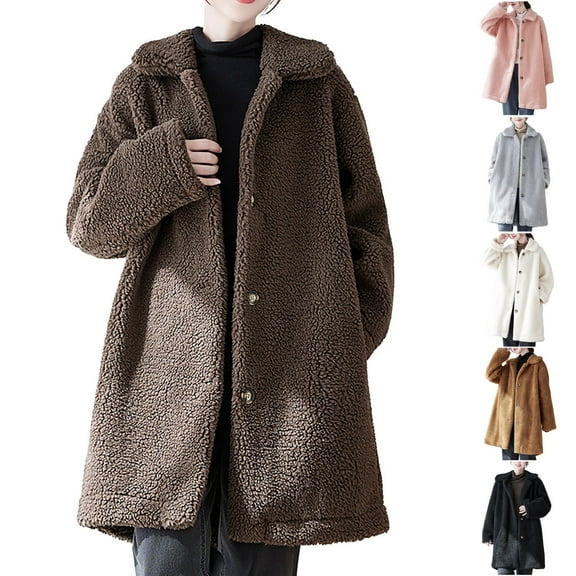 Lovskoo 2024 Women's Shearling Jacket Long Sleeved with Pockets Windproof and Warm Insulation Single Breasted Long Plush Coat Black