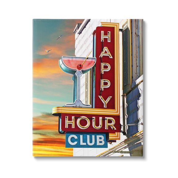 Stupell Industries Happy Hour Club Sign Food & Beverage Painting Gallery Wrapped Canvas Art Print Wall Art, 16 x 20