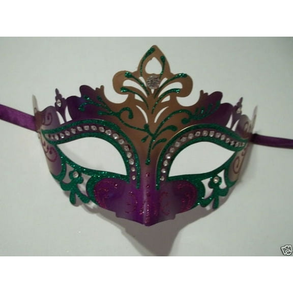 Purple Green Gold Mardi Gras Princess Crystal Masquerade Mask Laser Cut