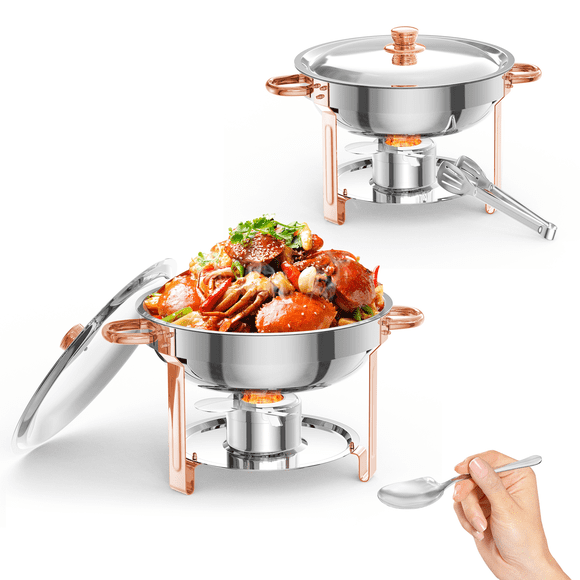 Gaderth 2 Pack Chafing Dishes for Buffet, 5QT Round Chafing Dish Buffet Set with Lid Holder, Spoon and Tweezers, Stainless Steel Food Warmers for Parties, Weddings, Catering, Banquets, Rose Gold