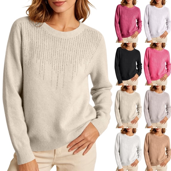 FRSASU Pullover Sweaters for Women Crew Neck Sparkle Knit Sweater Slim Fit Soft Base Layer Casual Winter Warm Outfit White
