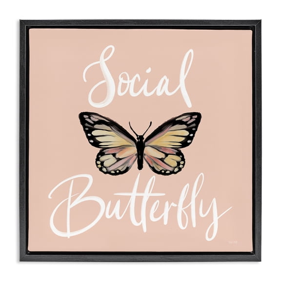 Stupell Industries Shabby Chic Social Butterfly Phrase Black Floating Frame Canvas Art, 18 x 18, by House Fenway