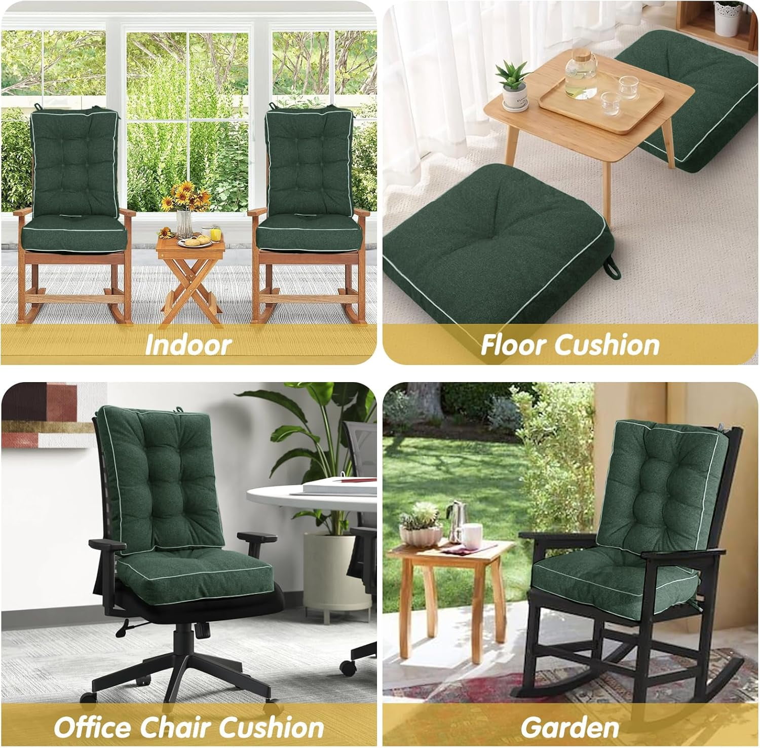 Parojati 22*17*5 Rocking Chair Cushion, Set of Thicken Seat & Back Chair Cushions with Memory Foam, Non-Slip Chair Pad with Ties for Indoor&Outdoor Rocker Dark Green