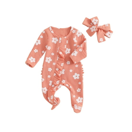 

Bmnmsl Baby Girls Outfit Long Sleeve Frills Floral Footies Jumpsuit Headband