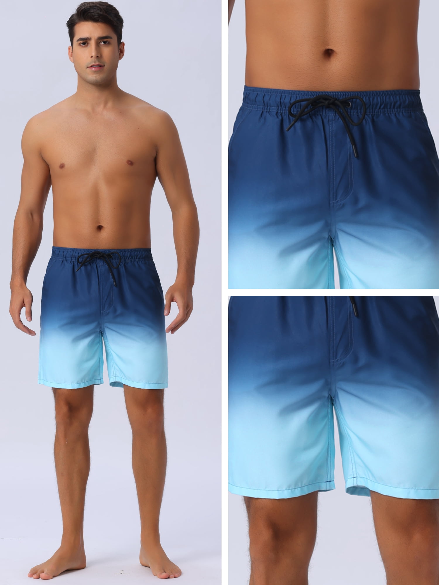 DARING DIVA Men's Gradient Color Drawstring Elastic Waist Lining Swimming Trunks 30 Dark Blue