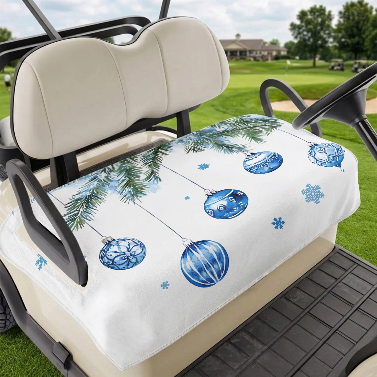 Golf Cart Seat Covers for 2 Seater Blue Christmas Balls Soft Microfiber Cart Seat Towel Blanket Xmas Botanical Snowflake Absorbent Breathable Non Slip Bench Seats Protector for Golf Course 51 x31